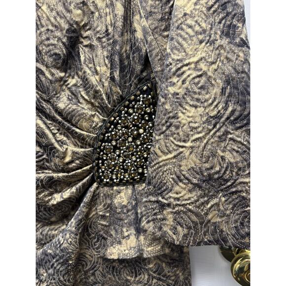 Rickie Freeman for Teri Jon Dress Gold Black Jacquard Ruched Beaded Women’s 12 - Picture 4 of 10